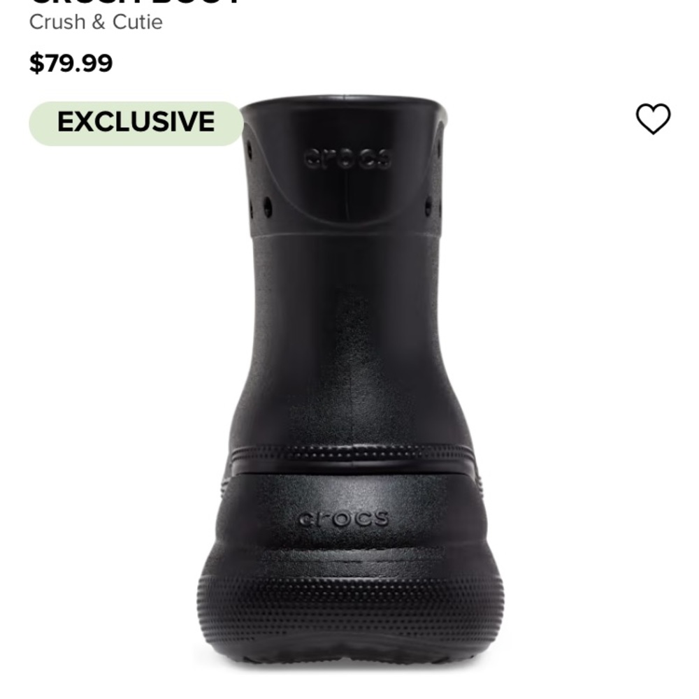 Crocs crush boot size 9 women’s in black, NWT